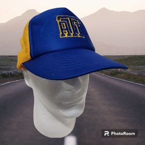 Vtg Trucker Hat ATI Mesh Snapback Blue Gold 80s